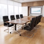 2.4M foldable boardroom table with commercial melamine top, German folding legs, and ergonomic mesh chairs.