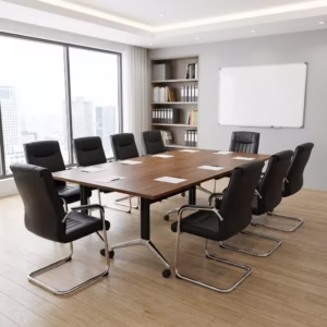 2.4M foldable boardroom table with commercial melamine top, German folding legs, and ergonomic mesh chairs.