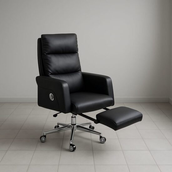 Executive leather office chair with high back design, ergonomic support, genuine cowhide leather, reclining function, and retractable footrest.