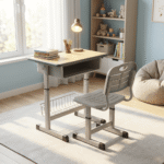 Modern kid’s desk and chair set with adjustable height, spacious desktop, and posture-support design.