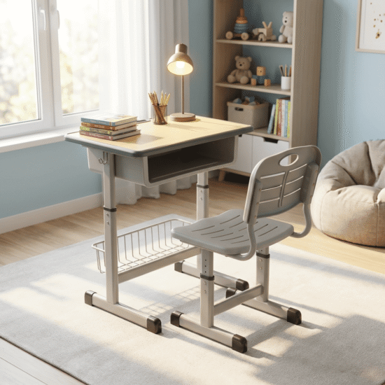 Modern kid’s desk and chair set with adjustable height, spacious desktop, and posture-support design.