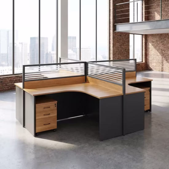 4-Way Curved Workstation with privacy panels, integrated pedestal storage, and durable laminated MDF desktops
