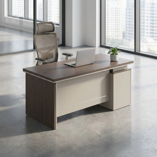 1.4M executive office desk with spacious wooden desktop, modern design, and ample leg space for home or office use.