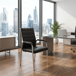 Executive Boardroom/Visitor's Chair with black chrome steel frame and ergonomic seating.