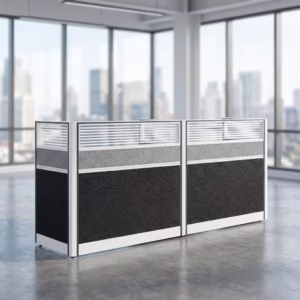 2-Way Office Workstation with black and white finish and spacious executive work surfaces