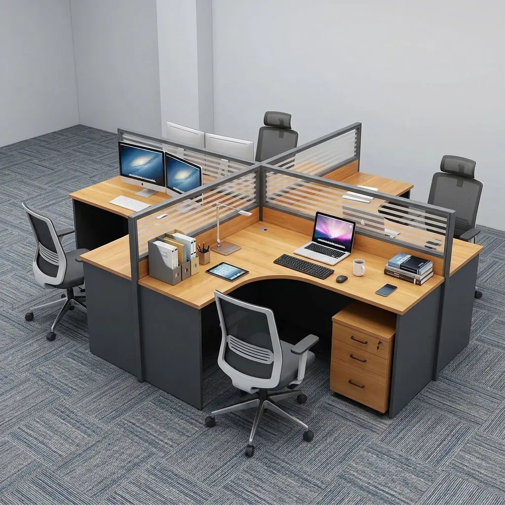 4-Way Curved Workstation featuring a four-user cluster layout, L-shaped wood-grain finish tabletops, circular cable grommets, charcoal gray privacy partitions with slatted top screens, and dark gray side panels.