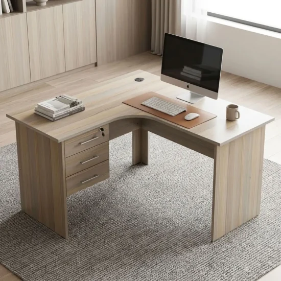 A premium 1.2M Curved Executive Desk featuring an ergonomic L-shaped corner design, a natural wood-grain laminate finish, three integrated drawers with a top lock mechanism, and built-in cable management grommets.
