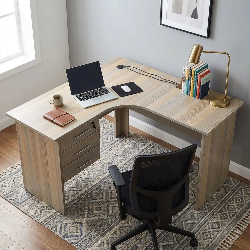 A premium 1.2M Curved Executive Desk featuring an ergonomic L-shaped corner design, a natural wood-grain laminate finish, three integrated drawers with a top lock mechanism, and built-in cable management grommets.