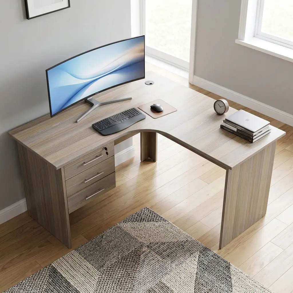A premium 1.2M Curved Executive Desk featuring an ergonomic L-shaped corner design, a natural wood-grain laminate finish, three integrated drawers with a top lock mechanism, and built-in cable management grommets.