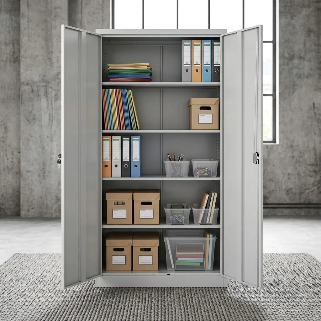 Premium light grey 2-Door Full Metallic Cabinet with one door open, displaying an organized interior featuring archive storage boxes, multi-colored ring binders, and stacked books arranged on height-adjustable heavy-duty steel shelves.