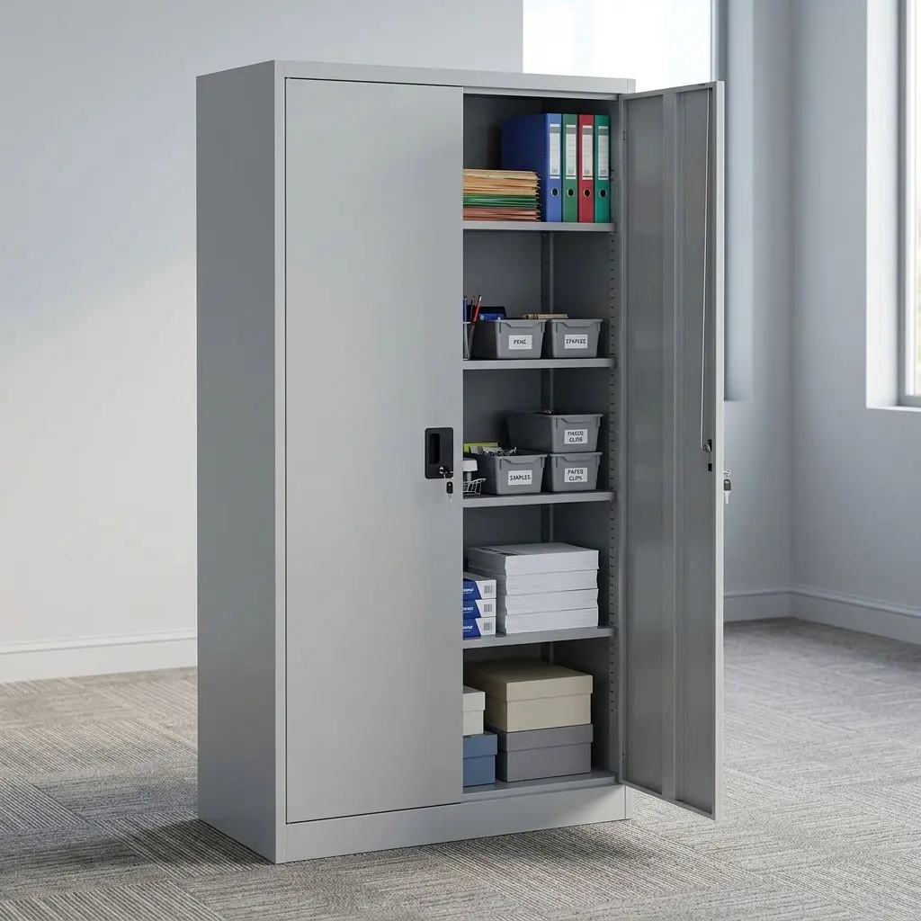 Premium light grey 2-Door Full Metallic Cabinet with one door open, displaying an organized interior featuring archive storage boxes, multi-colored ring binders, and stacked books arranged on height-adjustable heavy-duty steel shelves.