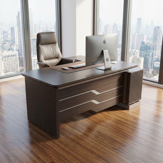 Sleek L-shaped modern executive office table with heavy-duty metal frame, thick particle board, spacious desktop, and privacy baffle in industrial style.