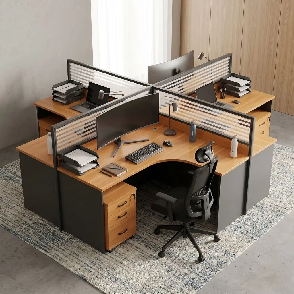 4-Way Curved Workstation featuring a four-user cluster layout, L-shaped wood-grain finish tabletops, circular cable grommets, charcoal gray privacy partitions with slatted top screens, and dark gray side panels.