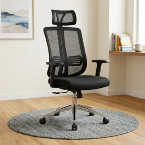Ergonomic Mesh Office Chair featuring a black mesh backrest, integrated horizontal lumbar band, separate rectangular headrest, black fabric seat cushion, T-shaped armrests, and a five-star polished metallic base with casters.