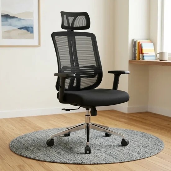 Ergonomic Mesh Office Chair featuring a black mesh backrest, integrated horizontal lumbar band, separate rectangular headrest, black fabric seat cushion, T-shaped armrests, and a five-star polished metallic base with casters.