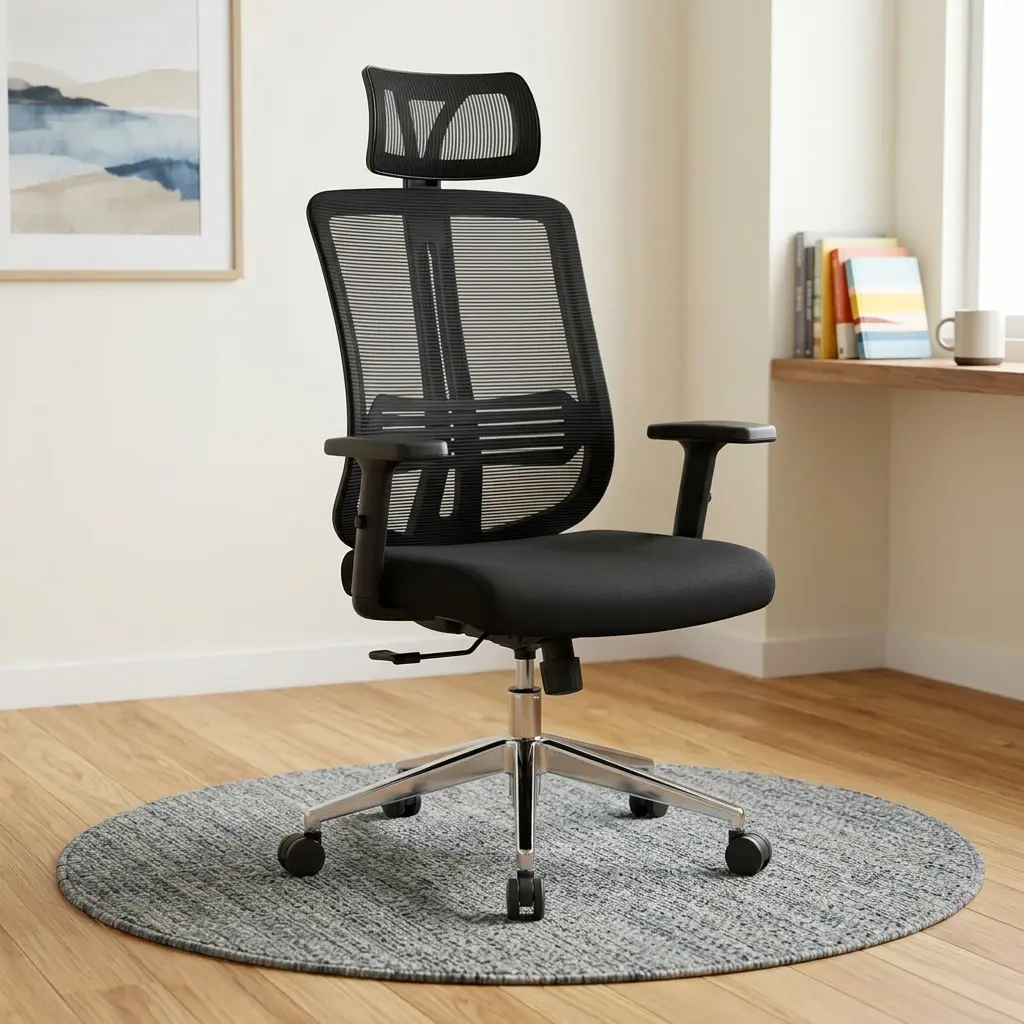 Ergonomic Mesh Office Chair featuring a black mesh backrest, integrated horizontal lumbar band, separate rectangular headrest, black fabric seat cushion, T-shaped armrests, and a five-star polished metallic base with casters.