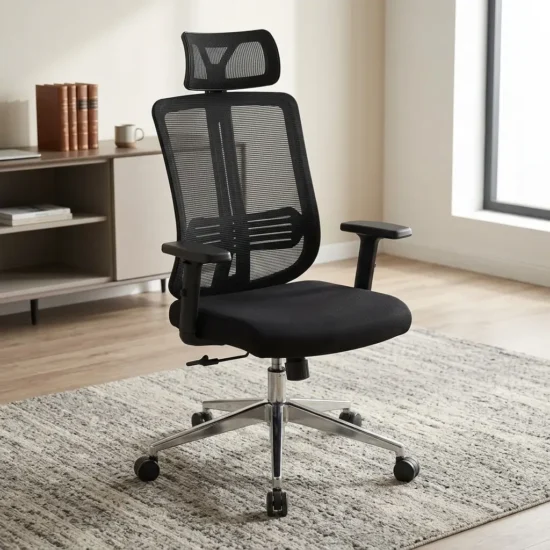 Ergonomic Mesh Office Chair featuring a black mesh backrest, integrated horizontal lumbar band, separate rectangular headrest, black fabric seat cushion, T-shaped armrests, and a five-star polished metallic base with casters.