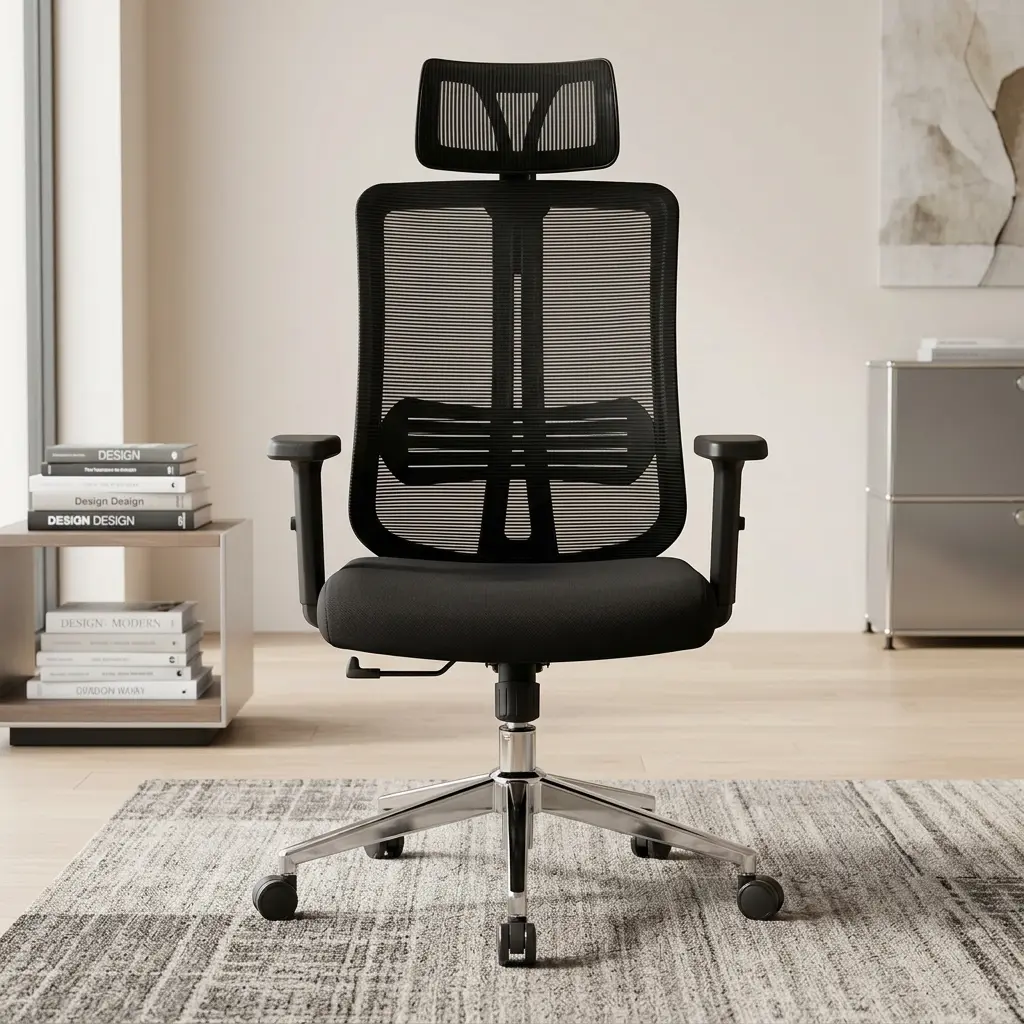 Ergonomic Mesh Office Chair featuring a black mesh backrest, integrated horizontal lumbar band, separate rectangular headrest, black fabric seat cushion, T-shaped armrests, and a five-star polished metallic base with casters.