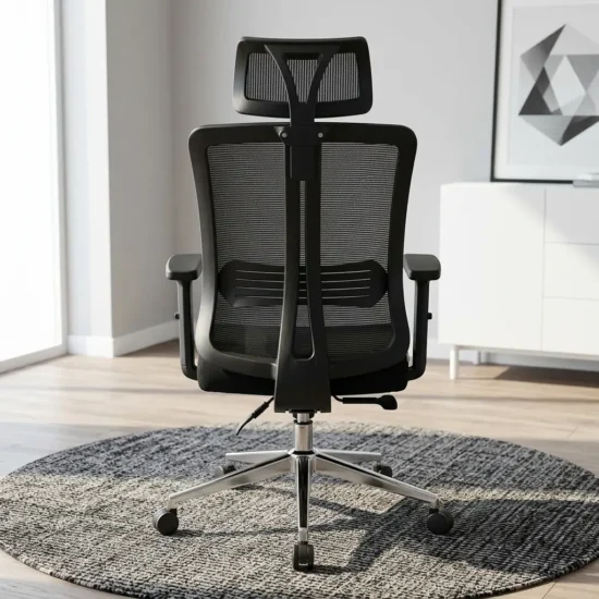 Ergonomic Mesh Office Chair featuring a black mesh backrest, integrated horizontal lumbar band, separate rectangular headrest, black fabric seat cushion, T-shaped armrests, and a five-star polished metallic base with casters.