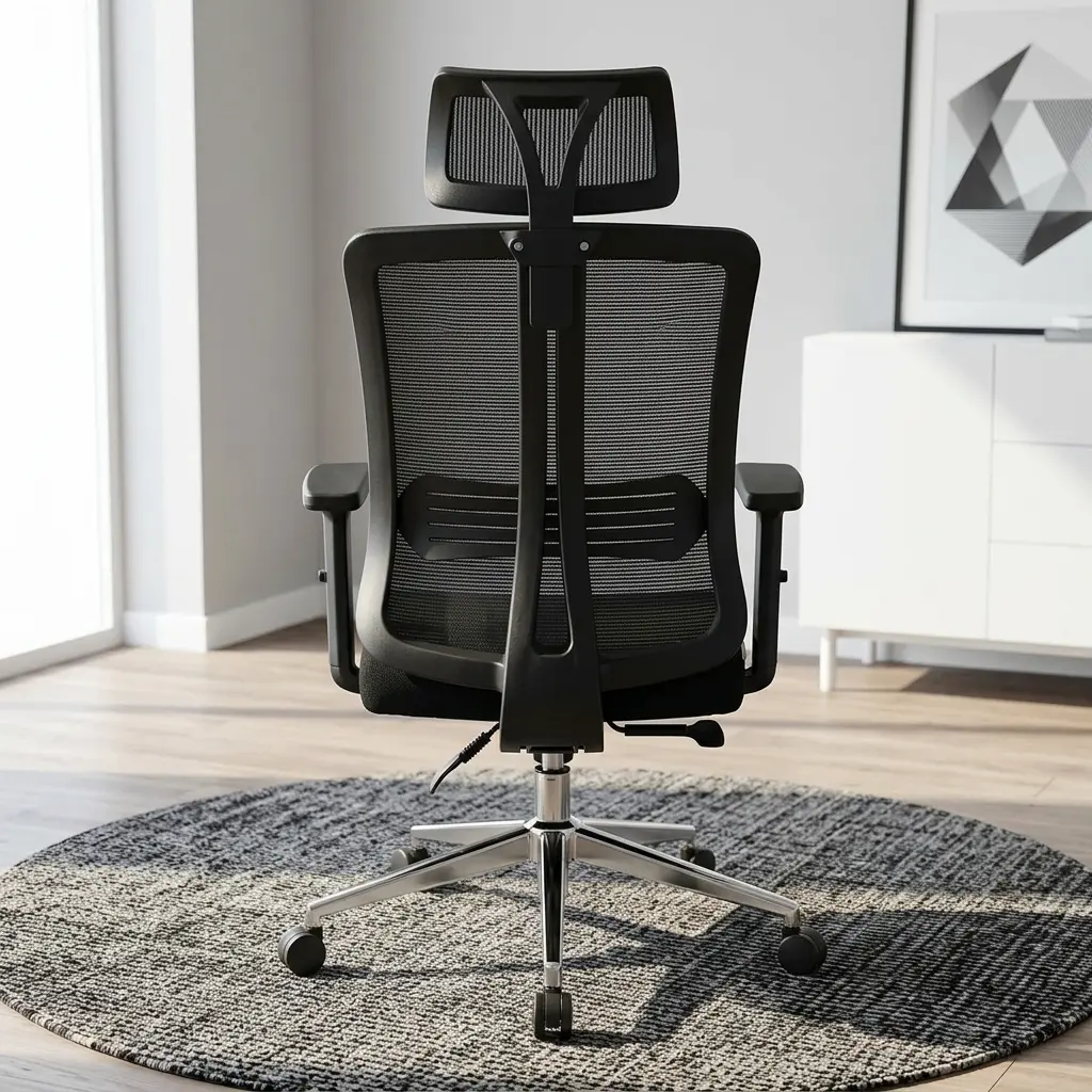 Ergonomic Mesh Office Chair featuring a black mesh backrest, integrated horizontal lumbar band, separate rectangular headrest, black fabric seat cushion, T-shaped armrests, and a five-star polished metallic base with casters.