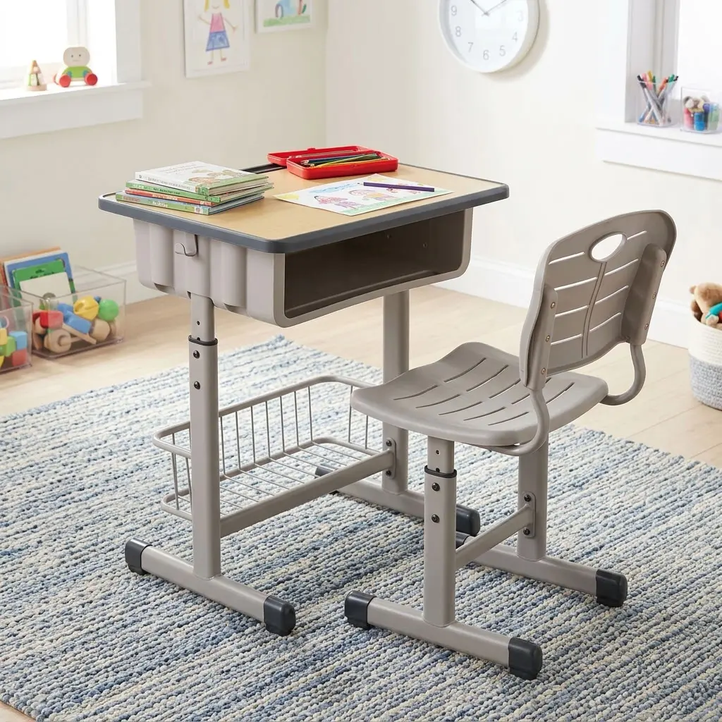 An adjustable Modern Kid’s Desk & Chair set featuring a light wood-grain desktop, an integrated grey storage cubby, a matching ventilated resin chair, a lower metal mesh basket, and a height-adjustable steel frame.