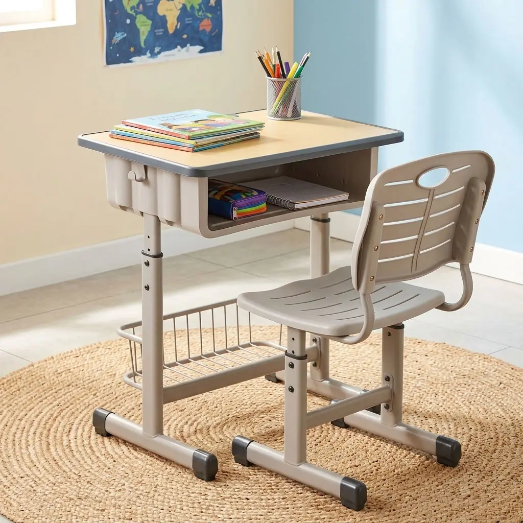 An adjustable Modern Kid’s Desk & Chair set featuring a light wood-grain desktop, an integrated grey storage cubby, a matching ventilated resin chair, a lower metal mesh basket, and a height-adjustable steel frame.