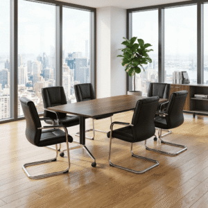 2.4M foldable boardroom table with commercial melamine top, German folding legs, and ergonomic mesh chairs.