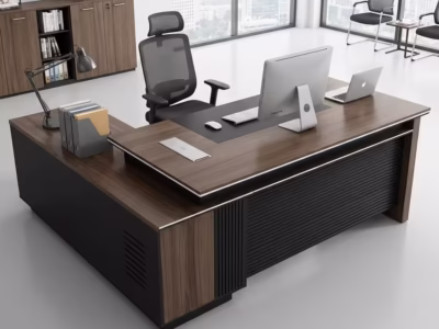 1.8M L-shaped executive office desk with industrial design, wide desktop, metal frame, and privacy baffle.