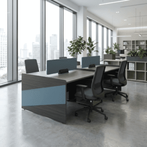Modern 4-way office workstation with privacy panels, spacious desktops, and professional finish for open-plan offices.