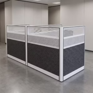 2-Way Office Workstation with black and white finish and spacious executive work surfaces