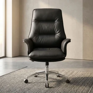 Premium high-back Ergonomic Leather Office Chair in sleek black leather, featuring segmented plush padding, cushioned armrests, and an adjustable polished chrome base with caster wheels.
