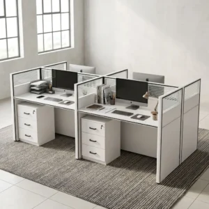 Premium modern white 4-Way Office Workstation cluster featuring four individual desks with translucent slatted privacy dividers, dual wire grommets, desktop computer setups, and integrated three-drawer lockable under-desk pedestals.