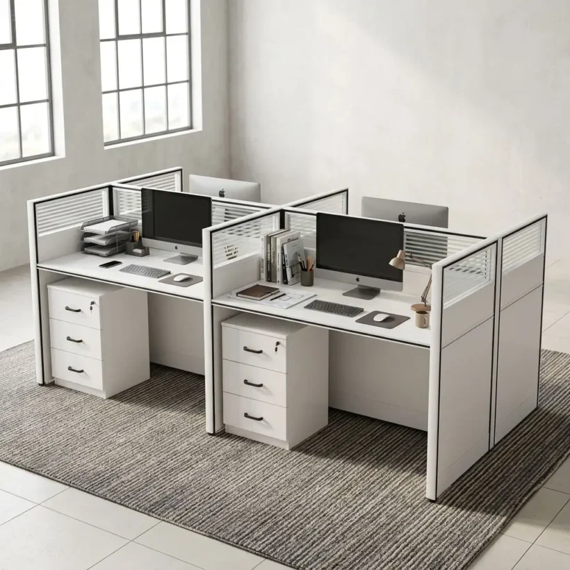 Premium modern white 4-Way Office Workstation cluster featuring four individual desks with translucent slatted privacy dividers, dual wire grommets, desktop computer setups, and integrated three-drawer lockable under-desk pedestals.