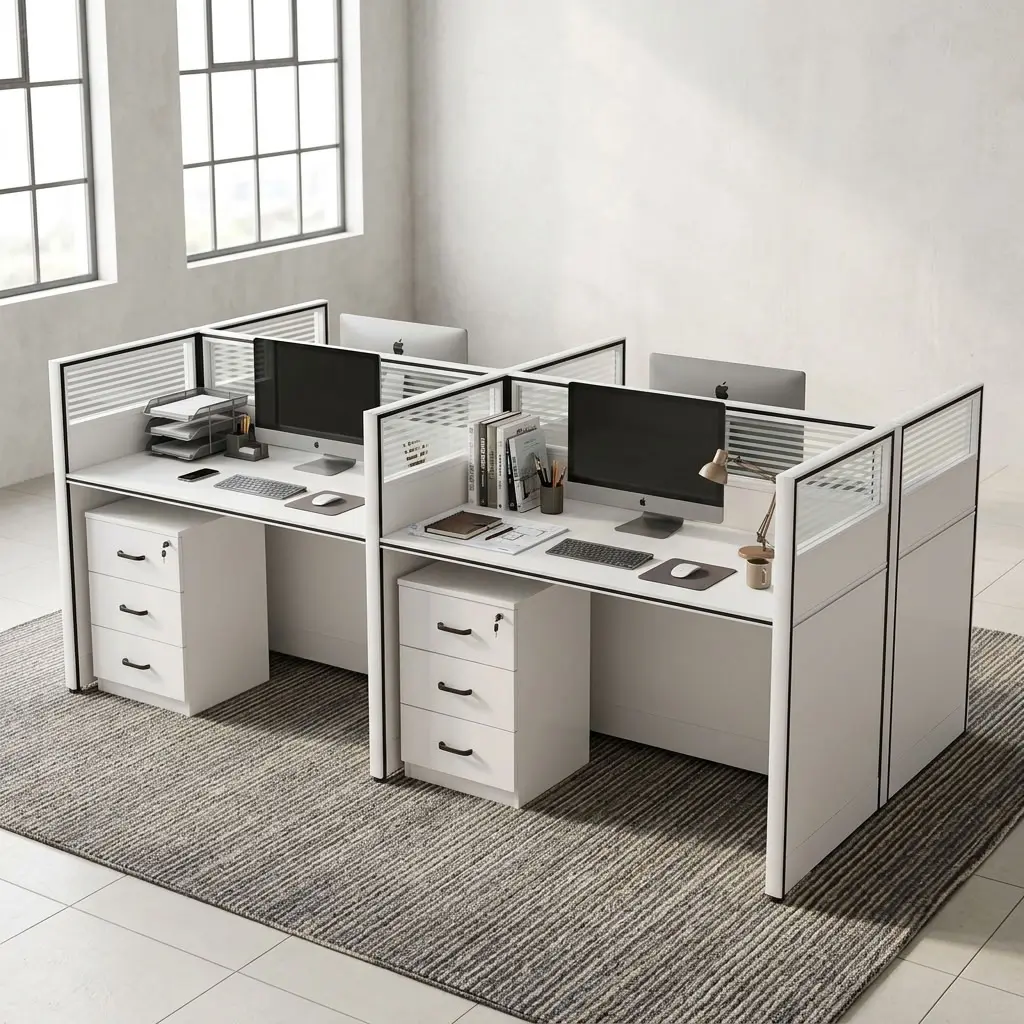 Premium modern white 4-Way Office Workstation cluster featuring four individual desks with translucent slatted privacy dividers, dual wire grommets, desktop computer setups, and integrated three-drawer lockable under-desk pedestals.