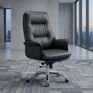 Premium high-back Ergonomic Leather Office Chair in sleek black leather, featuring segmented plush padding, cushioned armrests, and an adjustable polished chrome base with caster wheels.