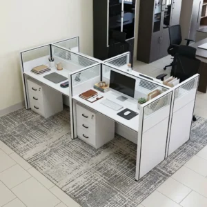 Premium modern white 4-Way Office Workstation cluster featuring four individual desks with translucent slatted privacy dividers, dual wire grommets, desktop computer setups, and integrated three-drawer lockable under-desk pedestals.