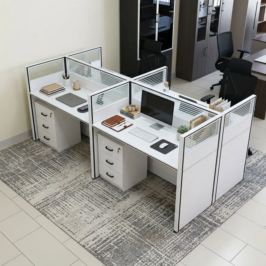 Premium modern white 4-Way Office Workstation cluster featuring four individual desks with translucent slatted privacy dividers, dual wire grommets, desktop computer setups, and integrated three-drawer lockable under-desk pedestals.