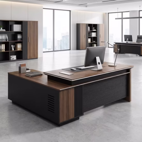1.8M L-shaped executive office desk with industrial design, wide desktop, metal frame, and privacy baffle.