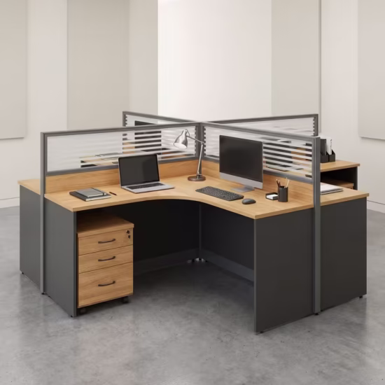 4-Way Curved Workstation with privacy panels, integrated pedestal storage, and durable laminated MDF desktops
