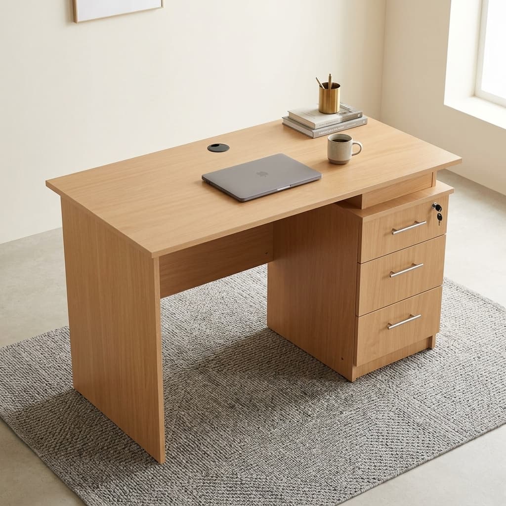 1.2M Office / Home Table featuring a rectangular wood-grain finish top, integrated circular black cable grommet, an attached three-drawer pedestal on the right side, slim metallic-toned horizontal handles, and a top drawer key lock.