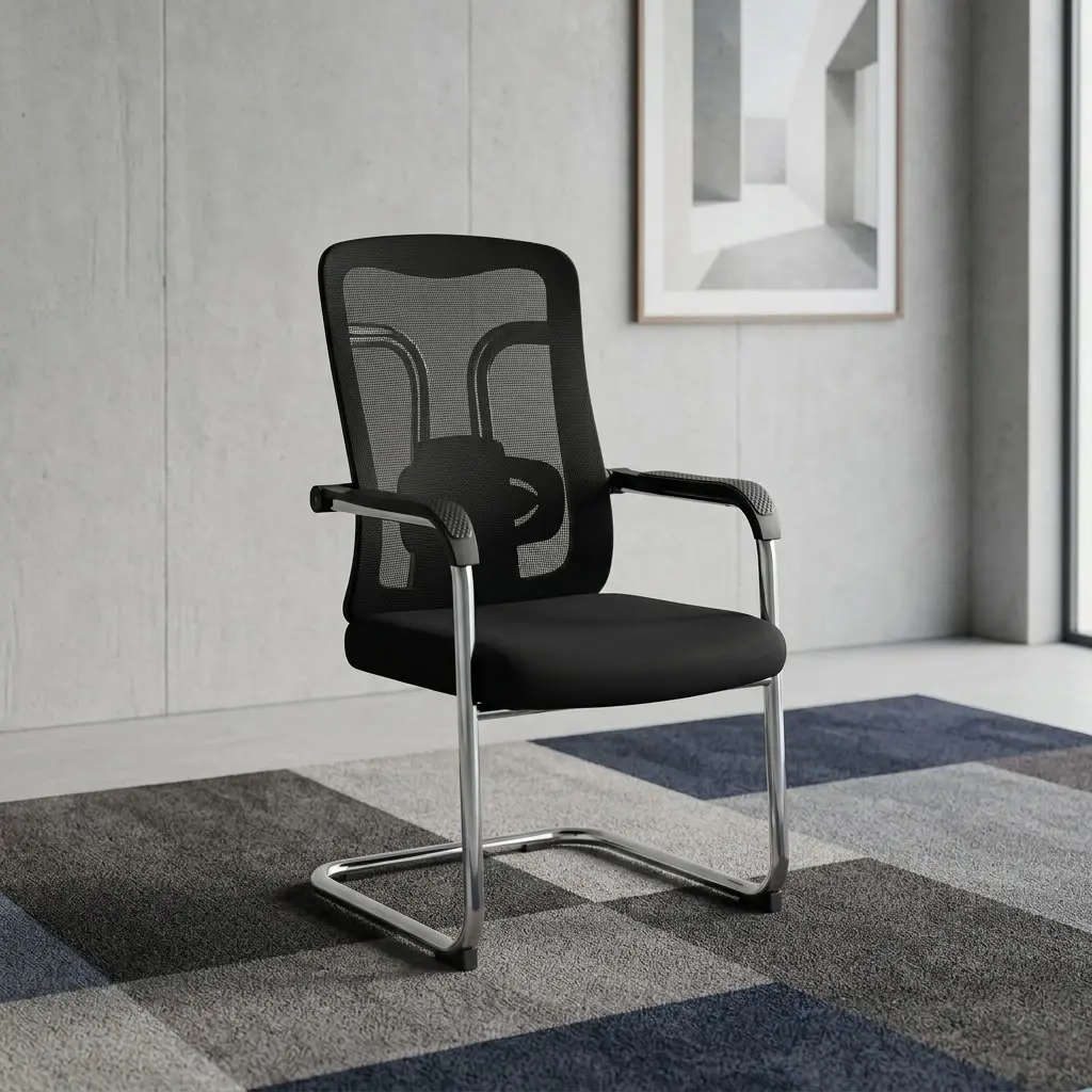 Premium high-back Executive Boardroom/Visitor's Chair featuring a breathable black mesh backrest, an integrated lumbar support pad, and a polished chrome steel cantilever sled base.