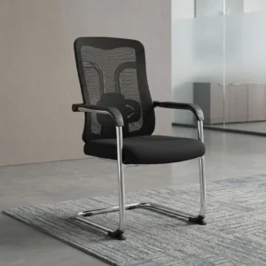 Premium high-back Executive Boardroom/Visitor's Chair featuring a breathable black mesh backrest, an integrated lumbar support pad, and a polished chrome steel cantilever sled base.