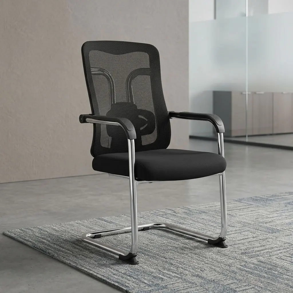 Premium high-back Executive Boardroom/Visitor's Chair featuring a breathable black mesh backrest, an integrated lumbar support pad, and a polished chrome steel cantilever sled base.