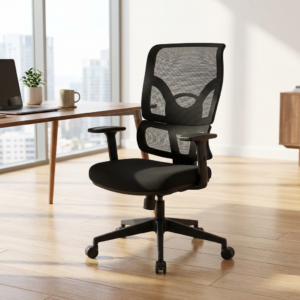 High back orthopedic office chair with breathable mesh backrest, lumbar support, adjustable armrests, and ergonomic design.