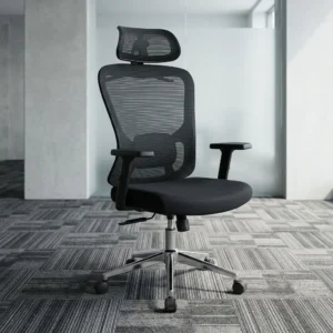 Premium High Back Orthopedic Office Chair in all-black featuring a breathable mesh backrest, an adjustable headrest, height adjustable armrests, adjustable lumbar support, and a polished chrome steel five-star wheelbase.