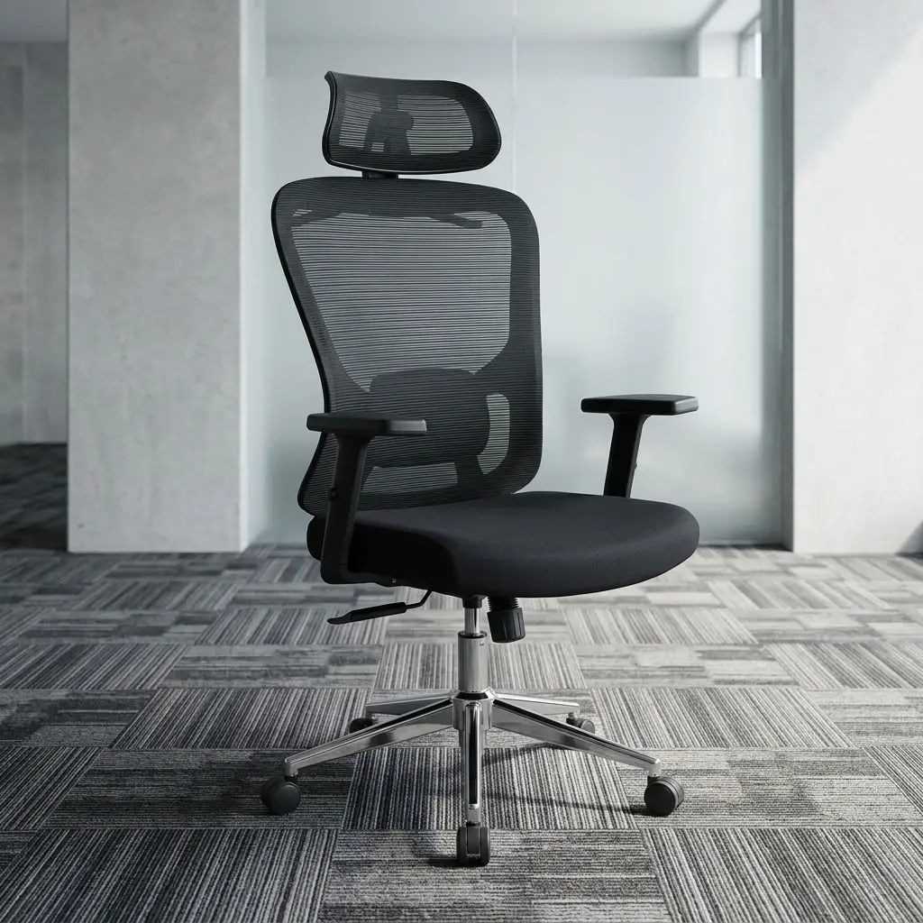 Premium High Back Orthopedic Office Chair in all-black featuring a breathable mesh backrest, an adjustable headrest, height adjustable armrests, adjustable lumbar support, and a polished chrome steel five-star wheelbase.