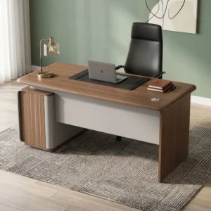Premium 1.4M Executive Office Desk featuring a warm walnut wood grain desktop with rounded edges, a modern matte grey modesty panel, and an integrated side pedestal storage cabinet with a lockable drawer.