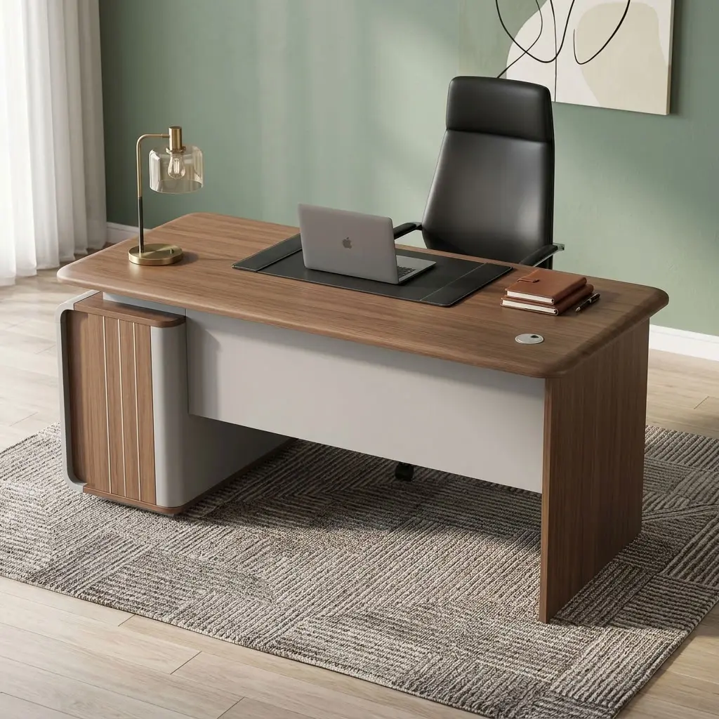 Premium 1.4M Executive Office Desk featuring a warm walnut wood grain desktop with rounded edges, a modern matte grey modesty panel, and an integrated side pedestal storage cabinet with a lockable drawer.