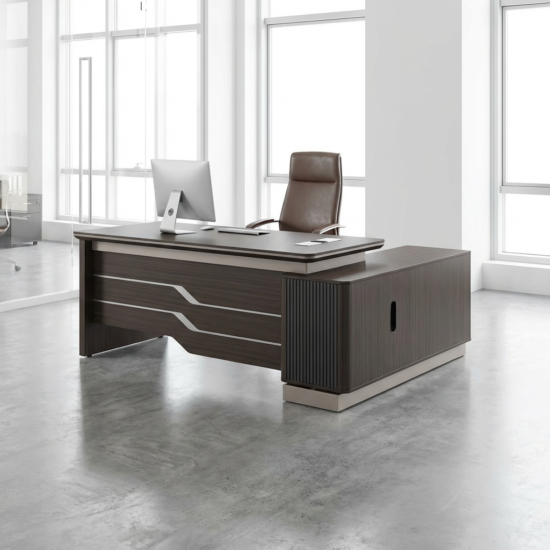 Sleek L-shaped modern executive office table with heavy-duty metal frame, thick particle board, spacious desktop, and privacy baffle in industrial style.