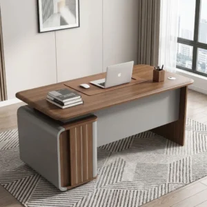 Premium 1.4M Executive Office Desk featuring a warm walnut wood grain desktop with rounded edges, a modern matte grey modesty panel, and an integrated side pedestal storage cabinet with a lockable drawer.